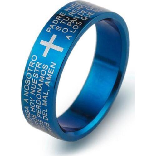 Classic Biblical Cross Ring 316L Titanium Steel Jewelry Cool father Fr. Finger Rings blue women Mens Three Colors
