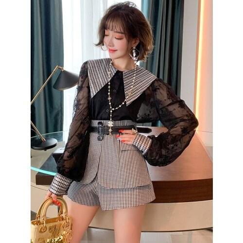 Plaid large lapel hollow embroidery net yarn age-reducing lace shirt womens 2020 early autumn new