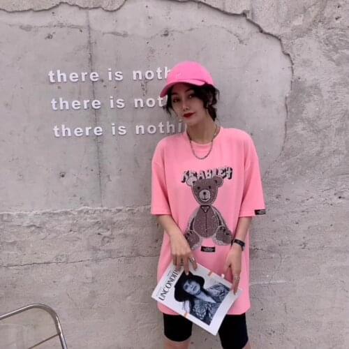 Summer mid-length round neck short-sleeved T-shirt heavy industry diamond-studded loose all-match shirt T-shirt college style