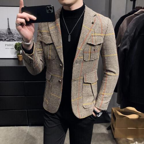 Business Streetwear Social Costume Homme 2020 Autumn Plaid Men Blazers Casual Slim Fit Suit Jacket Wedding Dress Coat