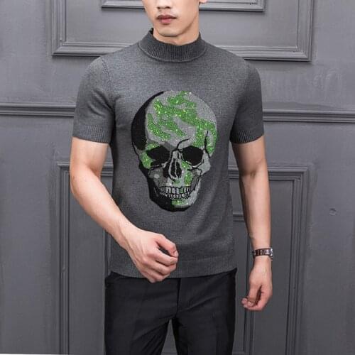 Extra Large Skull Shiny Male Short Sleeve Sweater Green Diamond Sports Knitting Bottoming Shirt New Mens Hot Sell Pullover