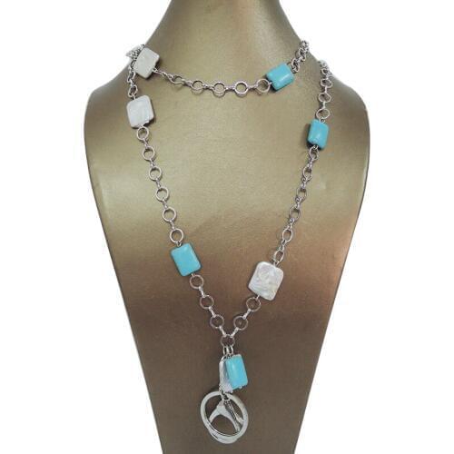 ID NECKLACE, LANYARD NECKLACE MADE OF COPPER WITH REAL 18KK GOLD PLATING , nature Rectangle baroque freshwater pearl,blue stone