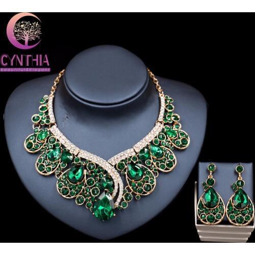 Luxurious Teardrop Crystal Bridal Wedding Jewelry Sets Rhinestone Big Necklace Earrings Sets Hot Sale TL034