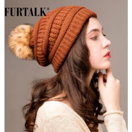 FURTALK Autumn Winter Beanie Hat for Women Knitted Pompom Hat Slouchy Beanie Skullies for Female Black Red Yellow bonnet Cap