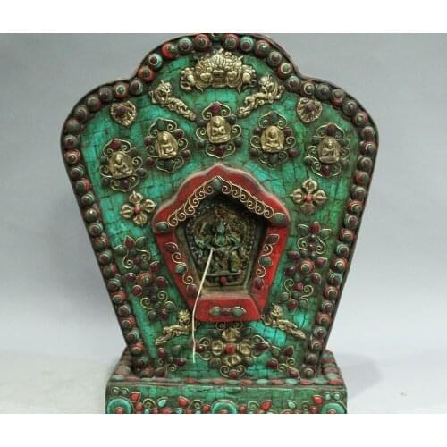 16" Tibet Buddhism Temple Bronze inlay Turquoise Gem Buddha Tangka Statue