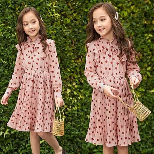 2020 Spring Summer Teenage Girl Chiffon Pleated Dress Kids Ruffles Polka Dot Dresses For Girls Baby Girl Clothing Vestidos S08