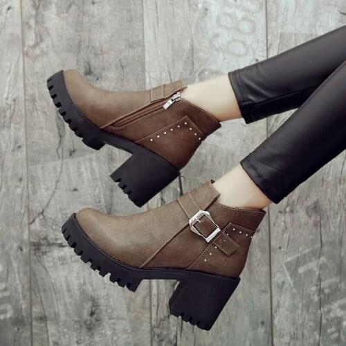 High Quality Soft Leather Autumn and Winter Short Boots Womens Shoes Thick Heel Boots High Heel Plus Cashmere Cotton Boots