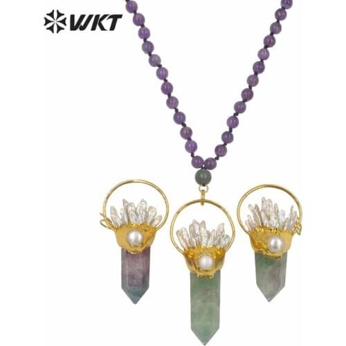 WT-N1246 Newest fashion gold electroplated rainbow fluorite point stone necklace 30inch long quartz point a-methyst necklace