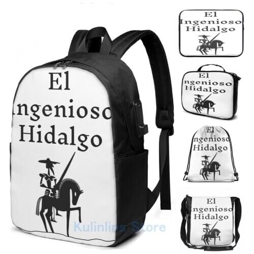 Funny Graphic print El Ingenioso Hidalgo Don Quixote Silhouette Spanish Hero USB Charge Backpack men School Travel laptop bag