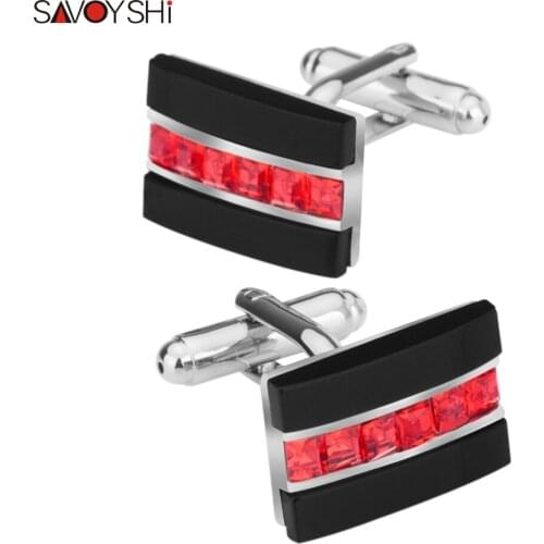 SAVOYSHI Luxury Black Onyx Red Crystals Shirt Cufflinks for Mens Gift Brand Cuff buttons High Quality Cuff links Free engraving