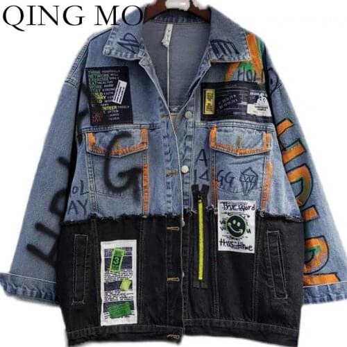 QING MO 2021 Spring And Autumn New Women Clothing Graffiti Patch Panel Denim JacketAutumn thin denim jacket TT104Q
