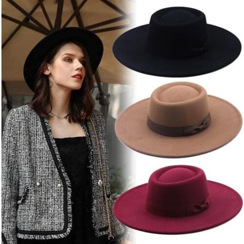 Autumn Winter Women Panama Felt Hat Fedoras Wide Brim Bow Hats for Female British Style Vintage Church Hats Lady Flat Brim Cap