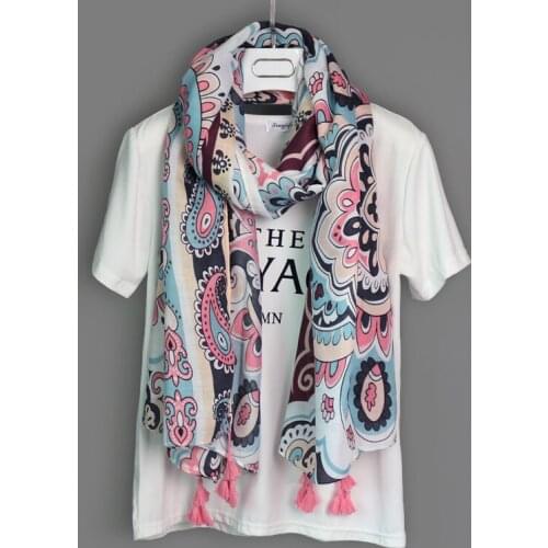 Ladies Spring Autumn Floral Paisley Printed Big Size Travel Beach Shawl Long Cotton Feeling Womens Head Scarves With Tassel