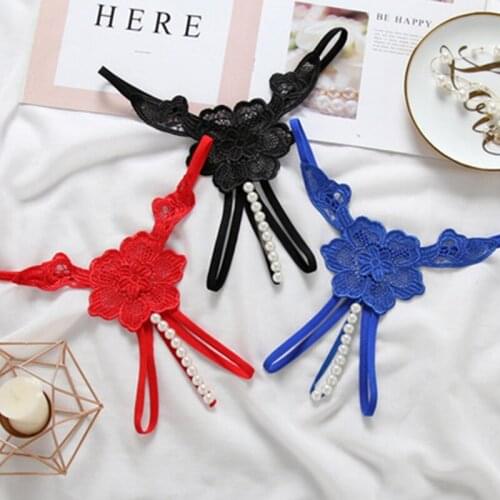 Woman Sexy Open Crotch Panties Flowers Embroidery Lingerie Erotic Thong Transparent Pearl Beading Underwear Sex G-string