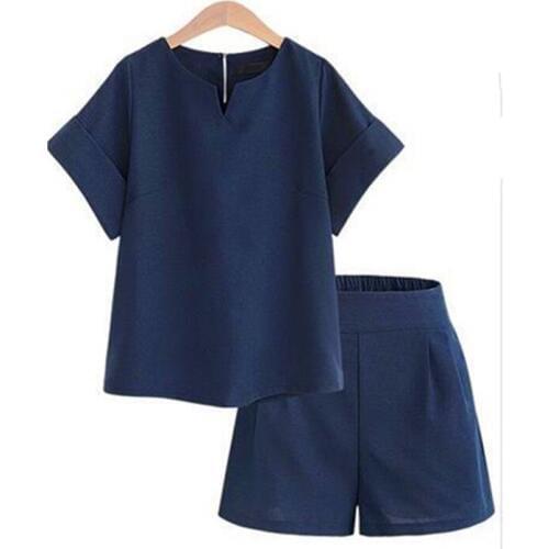 Hot Sale Summer Sets Womens Casual Fashion O Neck Plus Size Solid Cotton Blouse Short Sleeve Tops + Shorts Office Sets