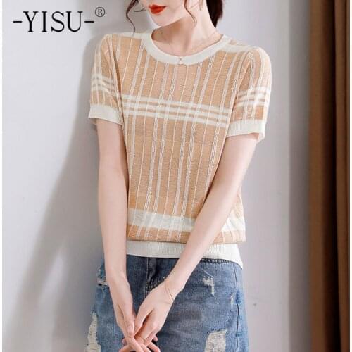 YISU Women Summer Thin section Sweater O-Neck stripe Female Casual Jumper Shirt collar New Short sleeve Knitted Pullover