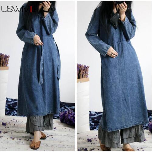 USWMIE 2020 Spring Women Dresses Literature Retro Do Old Loose Cowboy Dress V-neck Long Sleeve Solid Color Long Pattern Vestidos