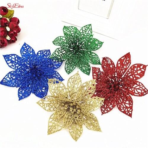 10Pcs Christmas Artificial Flower Xmas Tree Decorations Hollow Flower New Year Kerst Wedding Decorations Glitter Flowers 5Z