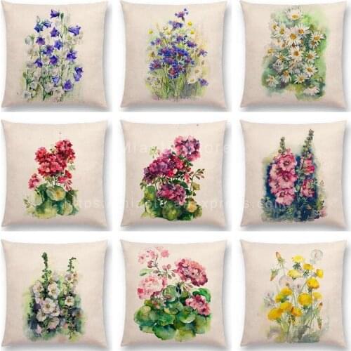 Watercolor Flowers Linen Cushion Cover Bluebells Geranium Cornflowers Hollyhocks Bouquet Floral Aquarelle Sofa Throw Pillow Case