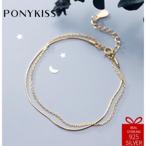 PONYKISS Trendy 100% 925 Sterling Silver Double Layer Golden Bracelets Women Dance Party Fine Jewelry Birthday Delicate Gift
