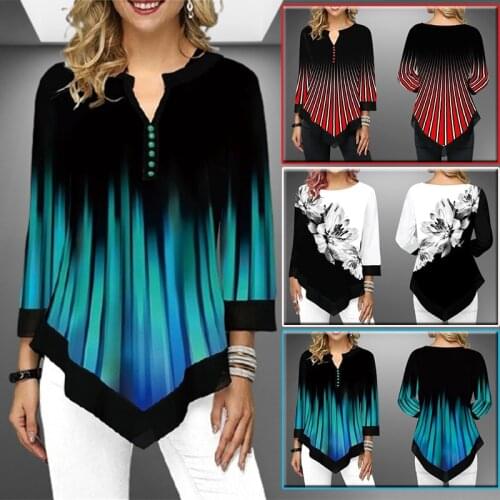 Spring Summer Irregular Print 3/4 Sleeve T-Shirts Women Clothing Fashion Casual Tops Plus Size Loose Pullovers Tee Shirt Femme