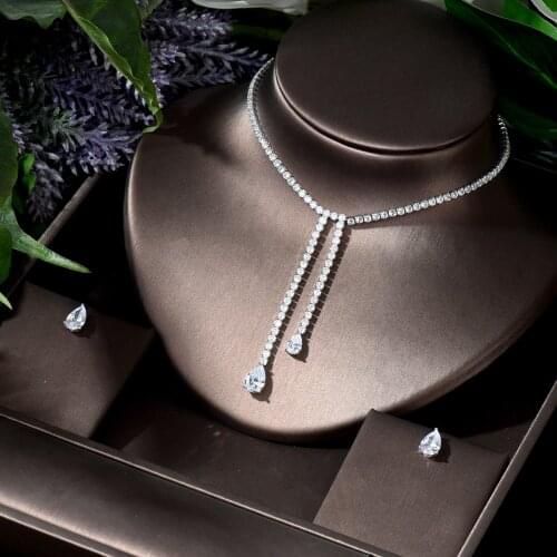 HIBRIDE Luxury Cubic Zirconia Two Layer Water Drop Necklace Earring Jewelry Set for Brides Party Wedding Dress Accessories N-551
