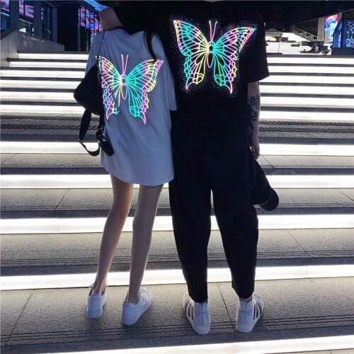 Unisex Laser Butterfly Cotton T-shirt Oversize Girls Short Sleeve O-neck Reflecting Couples Tees Casual Crop Tops Harajuku Shirt