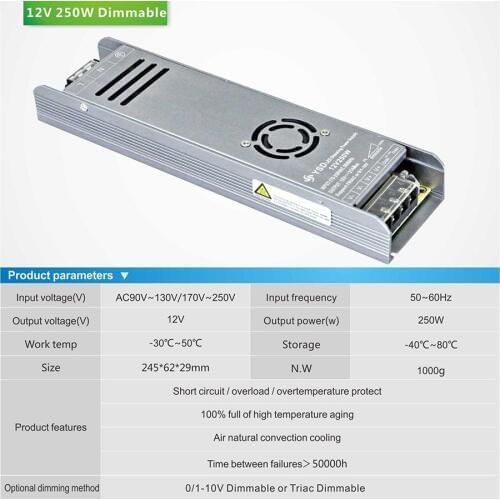 Triac & 0-10V dimmable DC power supply for led strip light DC 12Vdc 20.8A DC 24V 10.4A 250w lighting transformer