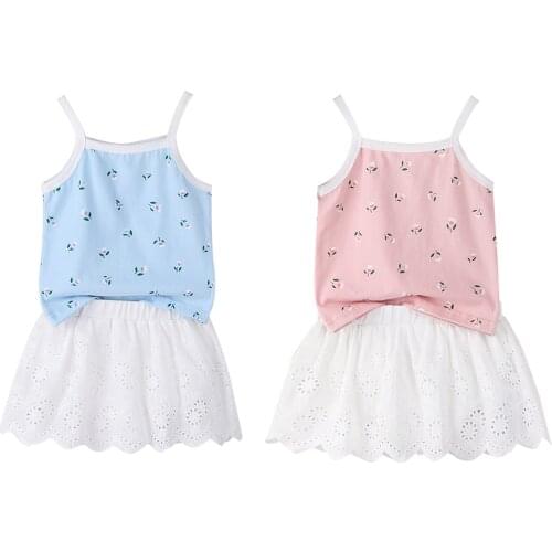 New Baby Girls Two-piece Clothes Set, Floral Printed Pattern Boat Neck Camisole and Skirt, Blue/ Pink