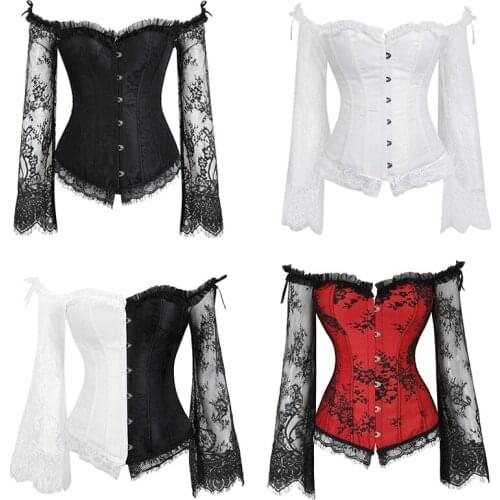 High-grade Overbust Corset Sexy Lace Mesh Long Sleeve Erotic Buttons Floral Women Bustier Corset Lingerie Tops Brocade
