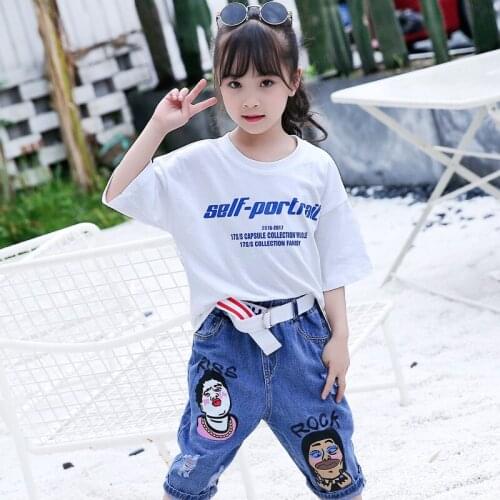 Kids girls 2pcs summer suit letters printed short-sleeved T-shirt + cowboy Shorts new big virgin suit 4-12 years old
