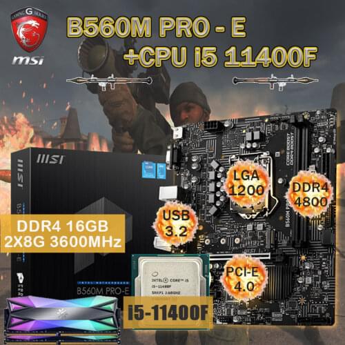 LGA 1200 MSI B560M PRO-E Motherboard+CPU Intel Core i5 11400F+RAM DDR4 16Gb 3600MHz Set M.2 PCI-E 4.0 VGA Placa-mãe Desktop B560