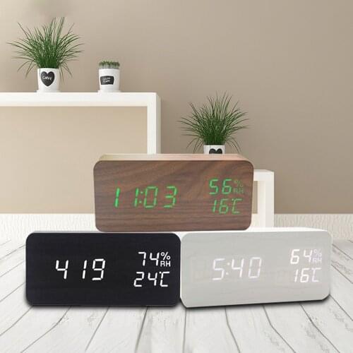 Multicolor Sound Control Wooden Wood Square LED Alarm Clock Desktop Table Digital Thermometer Wood USB/AAA Date Display