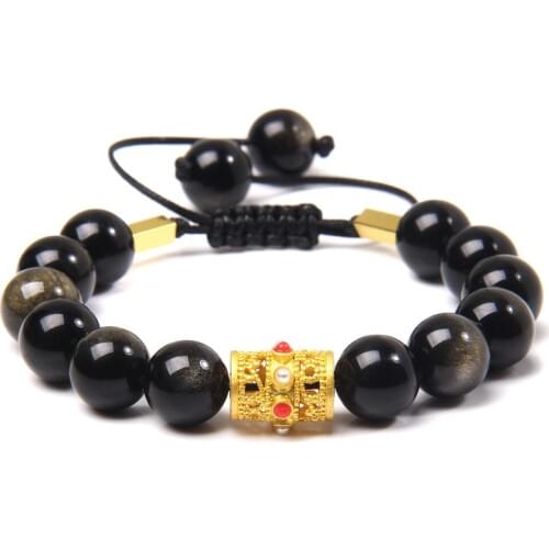Men Charm Bracelet Natural Gold Obsidian Beaded Braided Bracelet 10mm Round Onyx Stone Beads Bracelet Energy Prayer Jewelry Male