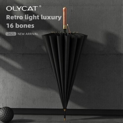 OLYCAT 2021 New Arrival 16K Wooden Handle Long Umbrella Straight Shank High-end Classic Business Black Outdoor Travel Summer