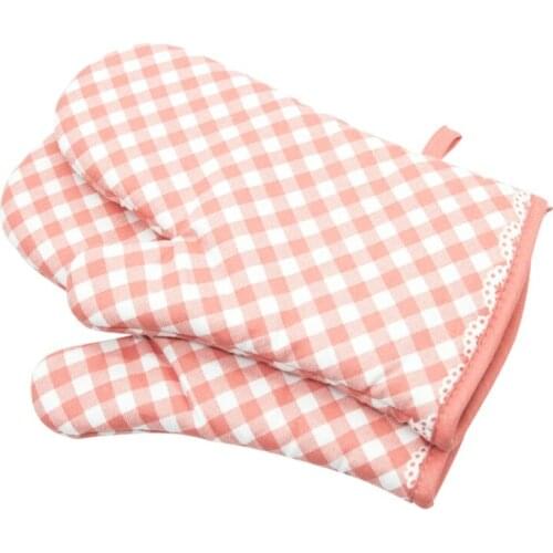 2pcs Kitchen Gloves Insulation Grid Pattern Potholder Pad Kitchen Microwave Thickening Anti-scalding Baking Gloves