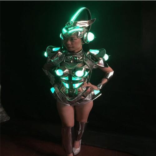 KS02 Sexy party wears led costume RGB colorful light robot suit dj luminous armor bodysuit silver mirror outfits bar dress cloth