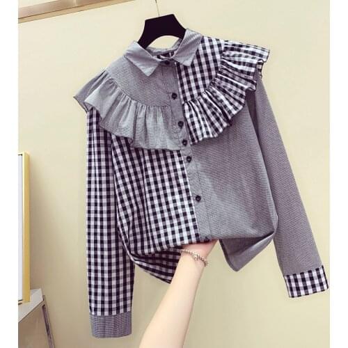 Sweet Lotus Leaf Plaid Shirt for Women New Korean Long-sleeved Turn-collar Shirt Undershirt Girl Student Blusas Tops Autumn