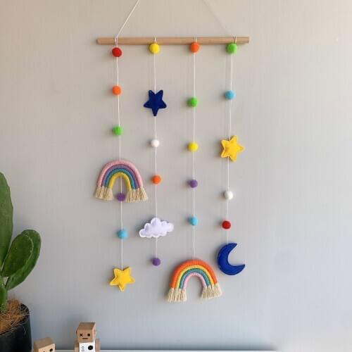 Ins Kids Room Decoration Handmade Weaving Rainbow Wall Hanging Ornaments with Felt Ball Home Decor Wooden Stick Tassel Pendant