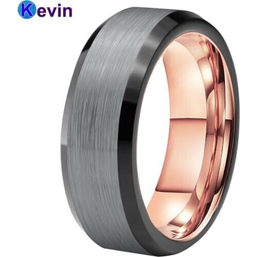 Mens Tungsten Wedding Band Black Rose Gold Wedding Ring With Beveled Brushed Finish 8MM Comfort Fit