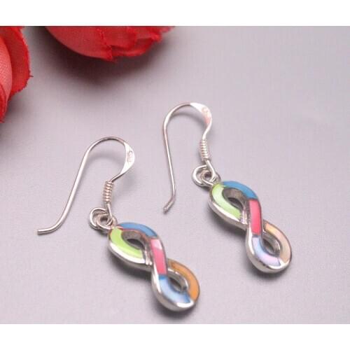 New Arrival S925 Sterling Silver Earrings Women Luck Colorful Shell 8 Dangle Earrings 28x7mm