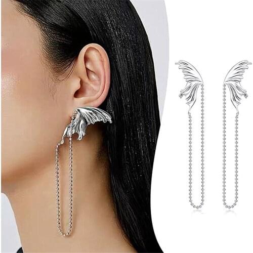 925 Butterfly Shaped Hanging Earrings Punk Long Tassel Fairy Stud Earrings For Women Hip Hop Unusual Silver Color Beads Earrings