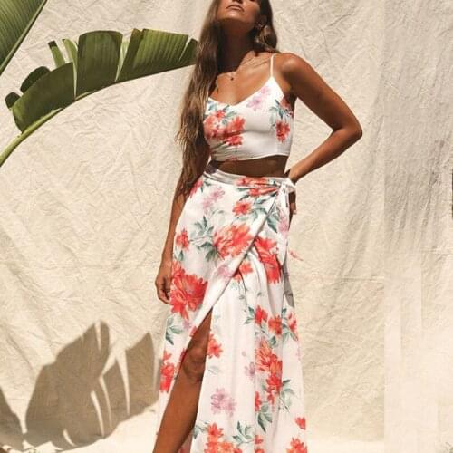 SKMY Sexy Sling Back Lace-Up Hollow Out V-Neck Crop Top Women Split Beach Skirt Printed Casual Slim Two Piece Set Summer Clothes