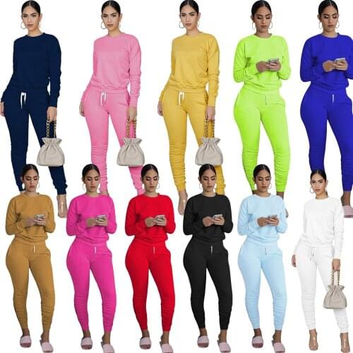 1L168 Autumn Winter Women Casual Two Piece Set Top Solid Ruched Full Length and Pants Tracksuit Sweatsuit Outfits