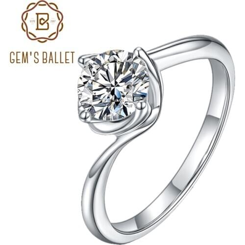 GEMS BALLET 925 Sterling Silver Fine Jewelry 1.0Ct 0.5Ct Semi-Bezel Round Bypass Solitaire Moissanite Engagement Ring For Women