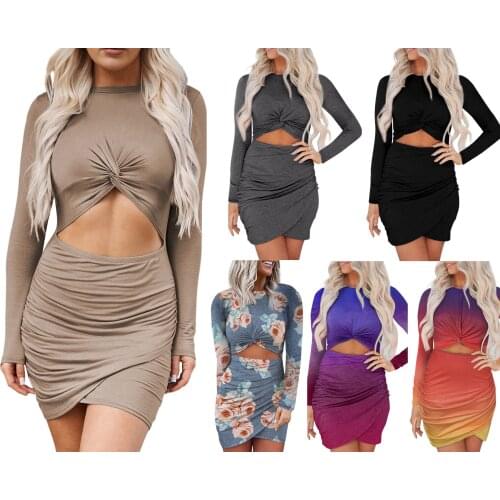Women Sexy Knot Front Dress, Round Collar Long Sleeve Hollow Out Dresses, S/ M/ L/ XL/ XXL/ XXXL