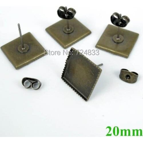 20mm Silver tone Blank Earrings Bases Square Bezel Stud Pin Earrings Post w/ Stopper Earring Crafts Settings Findings Wholesale