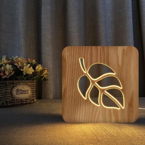 Leaf Shape Solid Wood Ornaments 3D Night Lamp Hot Selling Wooden Headlights Table Lamps for Bedroom Table Lamps for Bedroom
