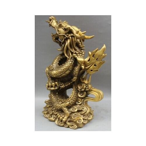 Free shipping 12" Chinese Folk Feng Shui Brass Zodiac Year Dragon Success Statue Sculpture