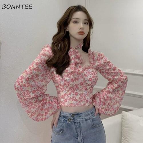 Blouse Women Floral Summer Soft Chiffon Sweet Prairie Chic Holiday Square Collar Long Sleeve Crop Top Sexy Preppy Girls Clothing